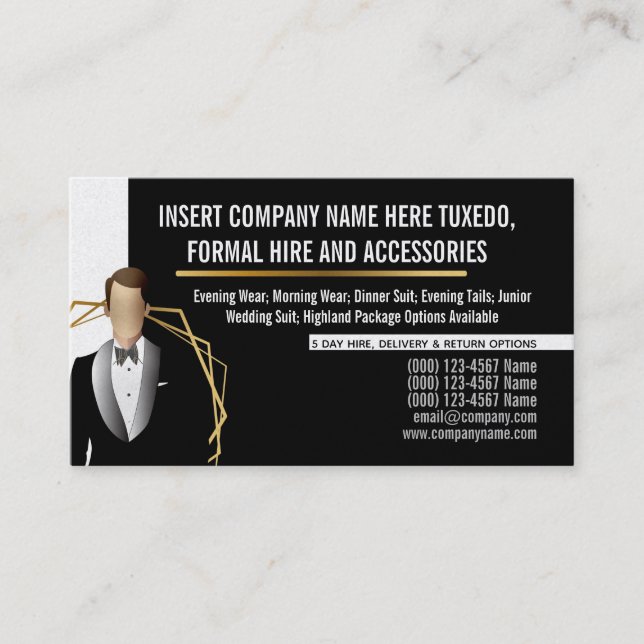 Tarjeta De Visita Hombre de Tuxedo moderno traje negro de oro (Anverso)