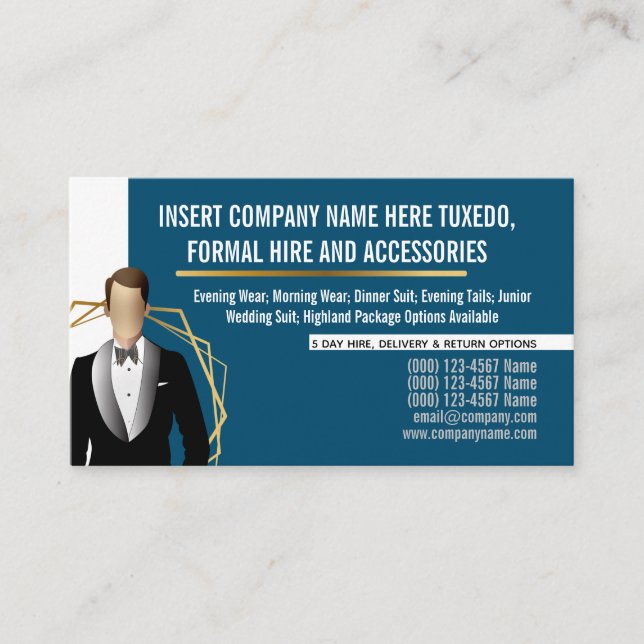 Tarjeta De Visita Hombre de Tuxedo moderno traje negro de oro contra (Anverso)