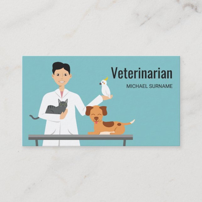 Tarjeta De Visita Hombre Veterinario De Azul Con Ilustracion De Anim (Anverso)