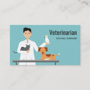 Tarjeta De Visita Hombre veterinario en azul con ilustración de anim