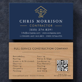 Tarjeta De Visita Home Improvement Navy Blue QR Code Wood 