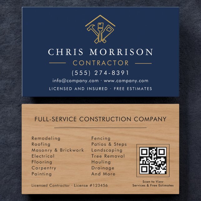 Tarjeta De Visita Home Improvement Navy Blue QR Code Wood  (Subido por el creador)