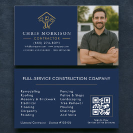 Tarjeta De Visita Home Improvement QR Code Photo Navy Blue Gold