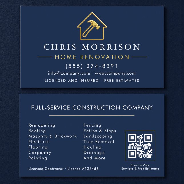 Tarjeta De Visita Home Renovation Metallic Navy Blue Gold QR Code (Subido por el creador)