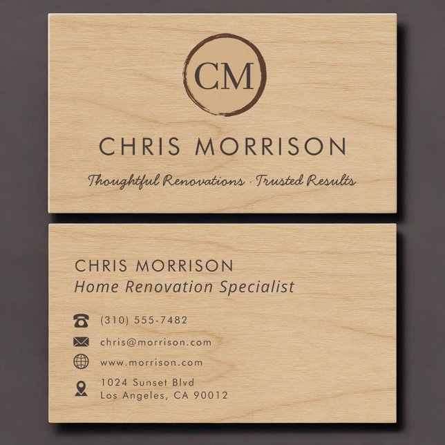 Tarjeta De Visita Home Renovation Wood Monogram Professional (Subido por el creador)