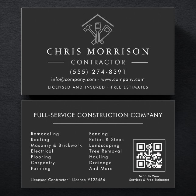 Tarjeta De Visita Home Repairs Contractor Black Silver QR Code (Subido por el creador)