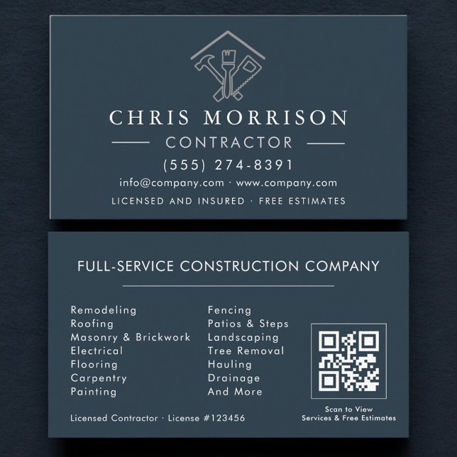 Tarjeta De Visita Home Repairs Contractor Blue Silver QR Code (Subido por el creador)
