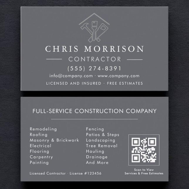 Tarjeta De Visita Home Repairs Contractor Gray Silver QR Code (Subido por el creador)