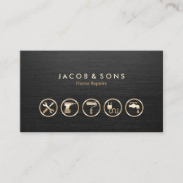 Tarjeta De Visita Home Repara Iconos de Oro Textura Metalizado cepil