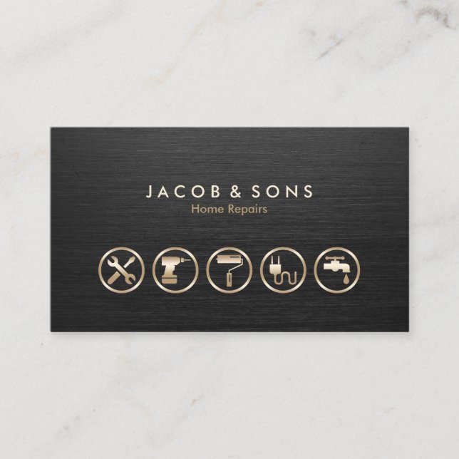 Tarjeta De Visita Home Repara Iconos de Oro Textura Metalizado cepil (Anverso)