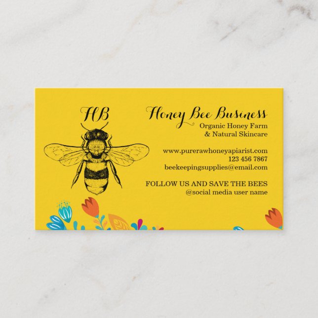 Tarjeta De Visita Honey Bee Hand dibujado Flor amarillo (Anverso)