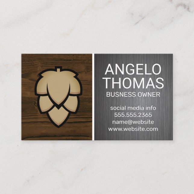Tarjeta De Visita Hops Bud | Pincel de grano y acero de madera (Anverso)