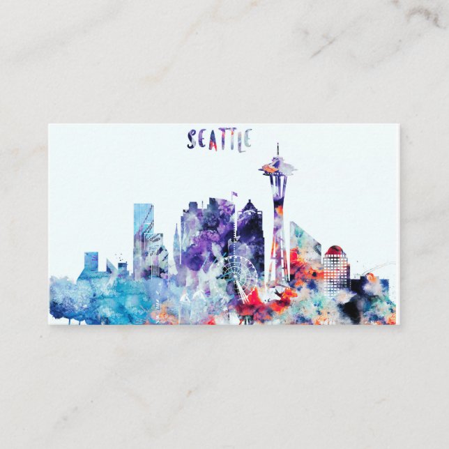Tarjeta De Visita Horizonte de Seattle de la acuarela (Anverso)