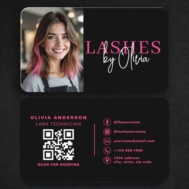 Tarjeta De Visita Hot Pink Black Lash Technician Photo QR Code (Subido por el creador)