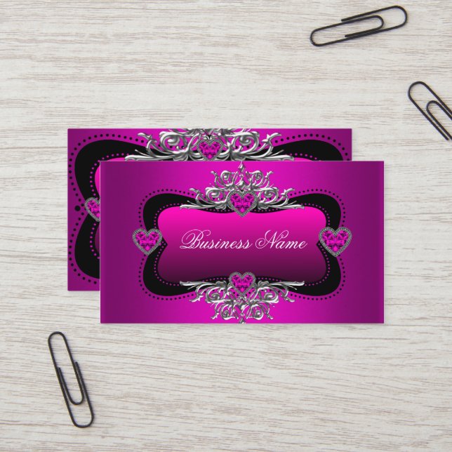 Tarjeta De Visita Hot Pink Silver Diamond Hearts Elegant Business (Anverso/Reverso In Situ)