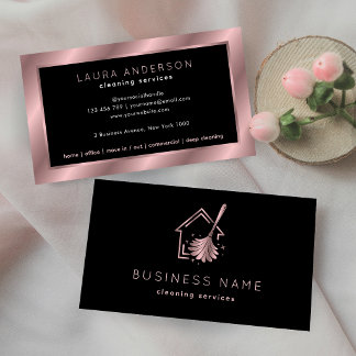 Tarjeta De Visita House Cleaning Services Luxury Black & Rose Gold