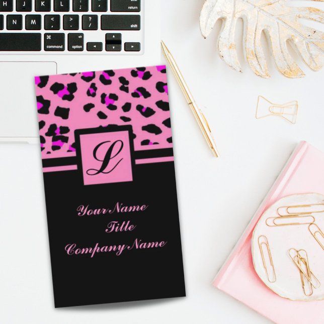 Tarjeta De Visita Huella de leopardo rosa picante de moda de Cute Gi (Cute Girly fashionista hot pink leopard print Business Card)