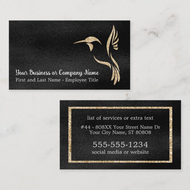 Tarjeta De Visita Hummingbird Purpurina negro y dorado (Anverso / Reverso)