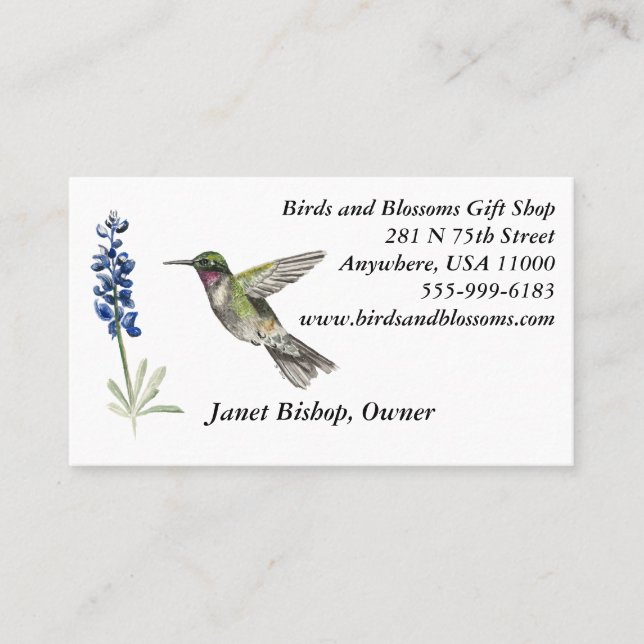 Tarjeta De Visita Hummingbird y Bluebonnet (Anverso)