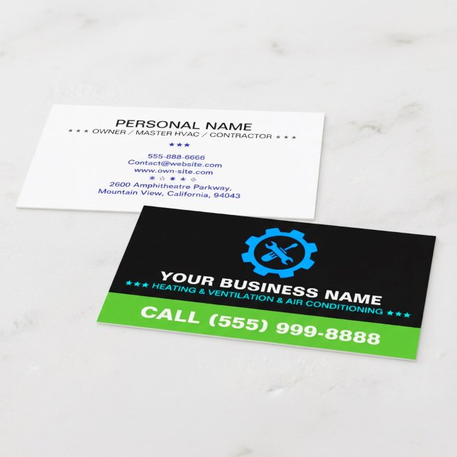 Tarjeta De Visita HVAC Heating & Air Conditioning | Logo on Black ( professional black cards, heating cooling ventilation, air conditioning repair,)