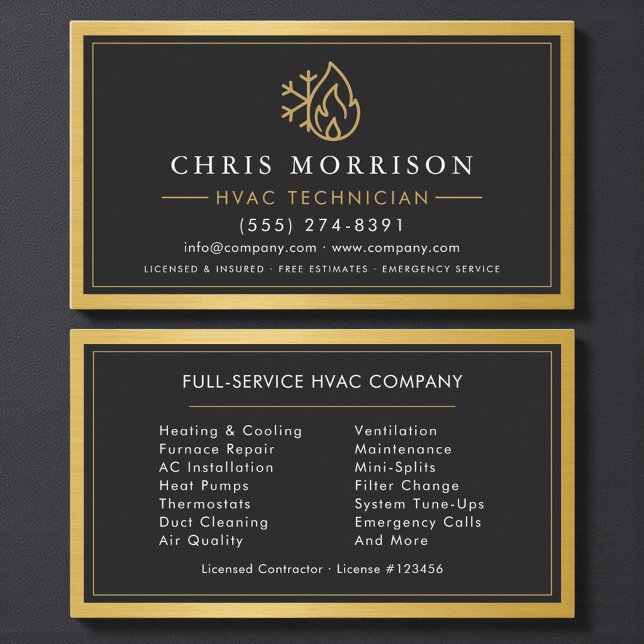 Tarjeta De Visita HVAC Heating Cooling Technician Gold Metallic (Subido por el creador)