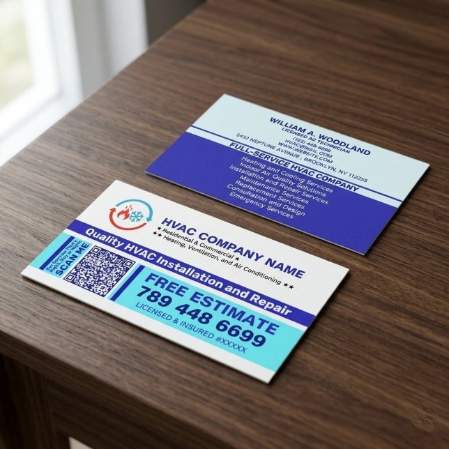 Tarjeta De Visita HVAC Logo & Qr Code & Slogans | Install & Repair (professional hvac repair cards, air conditioning installation cards, custom logo for hvac company)