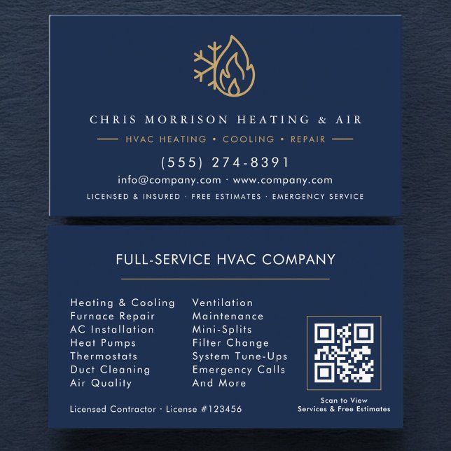 Tarjeta De Visita HVAC Services Company Navy Blue Gold QR Code (Subido por el creador)