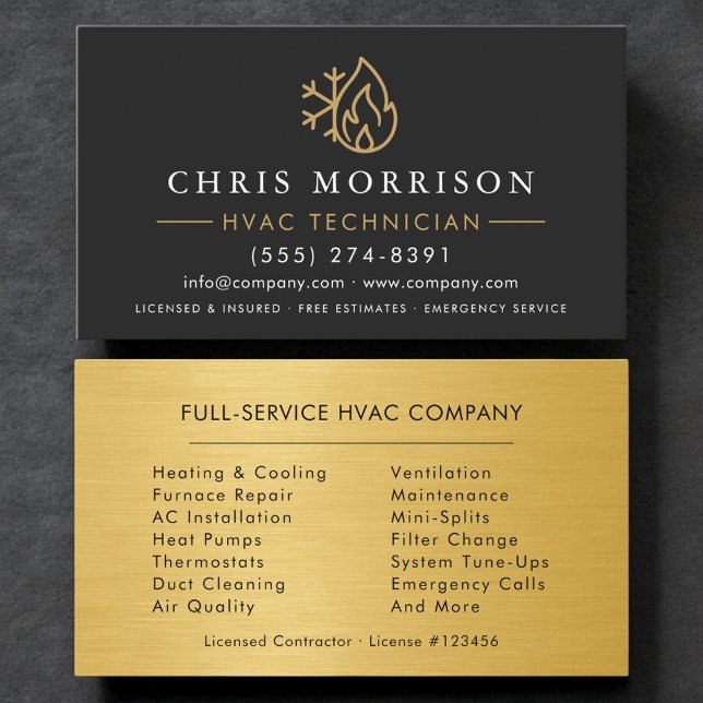 Tarjeta De Visita HVAC Technician Black Gold Logo Metallic (Subido por el creador)