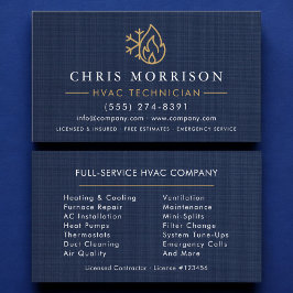 Tarjeta De Visita HVAC Technician Navy Blue Gold Linen