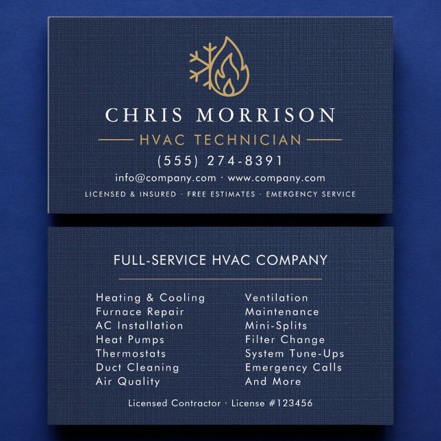 Tarjeta De Visita HVAC Technician Navy Blue Gold Linen (Subido por el creador)