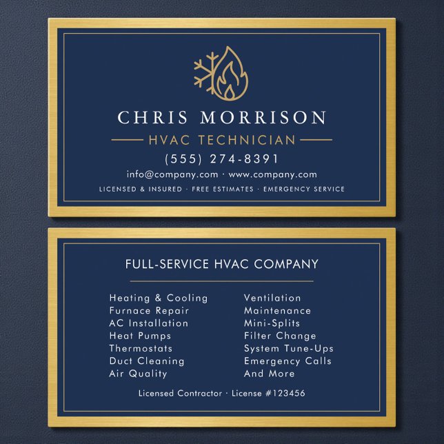 Tarjeta De Visita HVAC Technician Navy Blue Gold Metallic (Subido por el creador)
