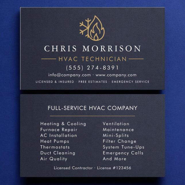 Tarjeta De Visita HVAC Technician Navy Blue Gold Modern (Subido por el creador)