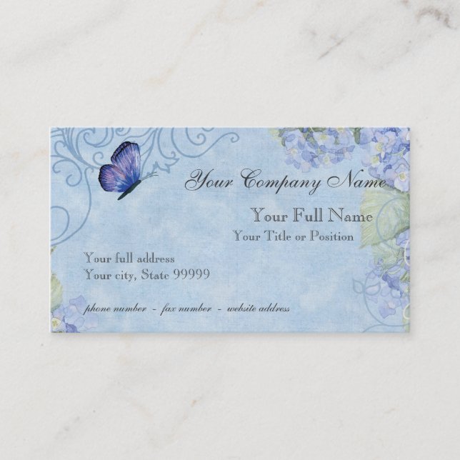 Tarjeta De Visita Hydrangeas azules, mariposa y floral moderno del (Anverso)