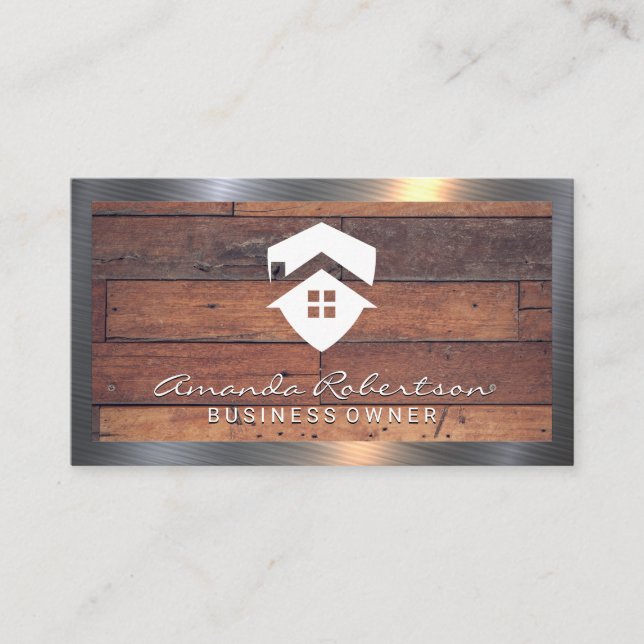 Tarjeta De Visita Icono de la casa | Paneles de madera | Borde Metal (Anverso)