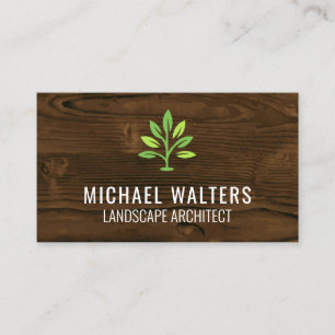 Tarjeta De Visita Icono de planta verde paisajista   Fondo de madera