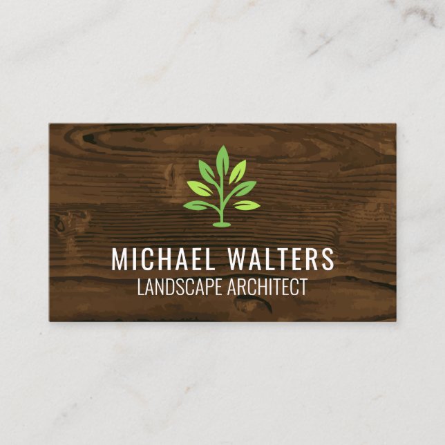 Tarjeta De Visita Icono de planta verde paisajista | Fondo de madera (Anverso)