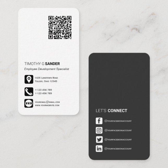 Tarjeta De Visita Icono de redes sociales profesionales de código QR (Anverso / Reverso)