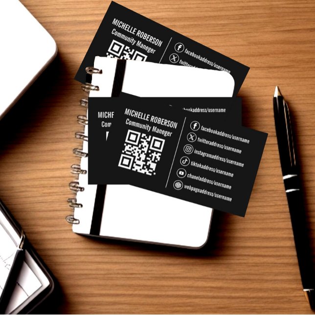Tarjeta De Visita Iconos blancos de medios sociales QR sobre fondo n (Elegant black business card with white social media icons and QR code.)
