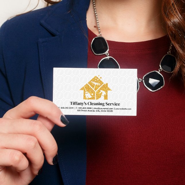 Tarjeta De Visita Iconos de limpieza de Purpurinas dorados | Servici (Subido por el creador)