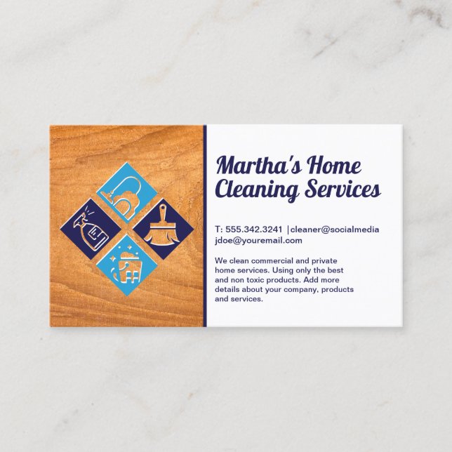 Tarjeta De Visita Iconos de los servicios de limpieza | Madera (Anverso)