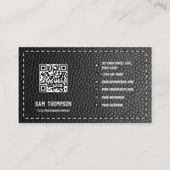Tarjeta De Visita Iconos de medios sociales QR en Black Leather Busi (Anverso)