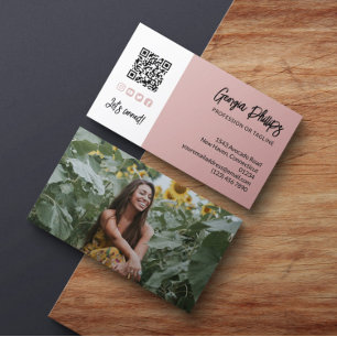 Tarjeta De Visita Iconos de redes sociales de código QR de foto rosa