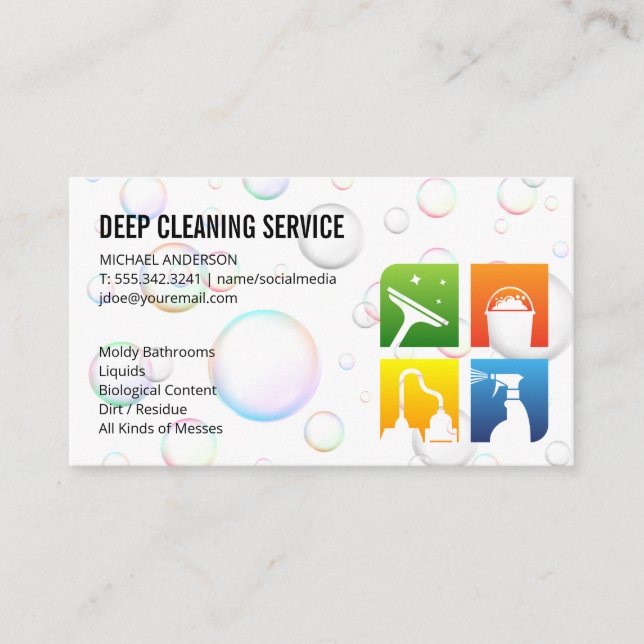 Tarjeta De Visita Iconos de servicio de limpieza | Baches de jabón (Anverso)