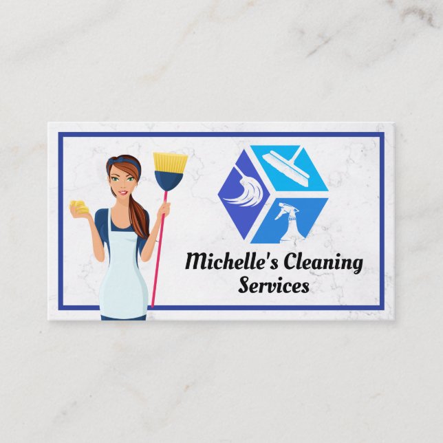 Tarjeta De Visita Iconos de servicios de limpieza | Maid | Mármol (Anverso)