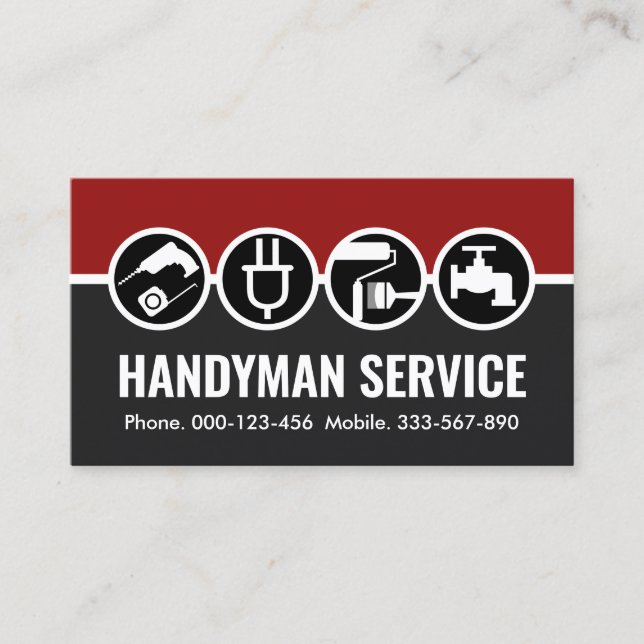 Tarjeta De Visita Iconos Handyman En Capas Gris Rojas (Anverso)