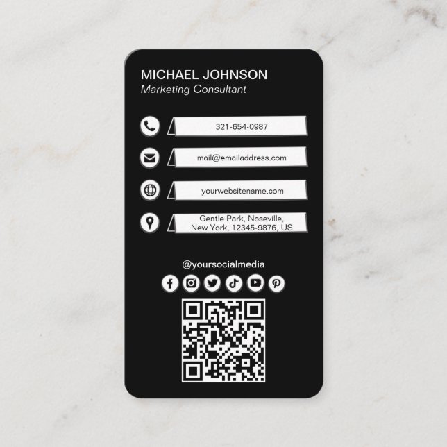 Tarjeta De Visita Iconos sociales blancos negros Código QR Personali (Anverso)