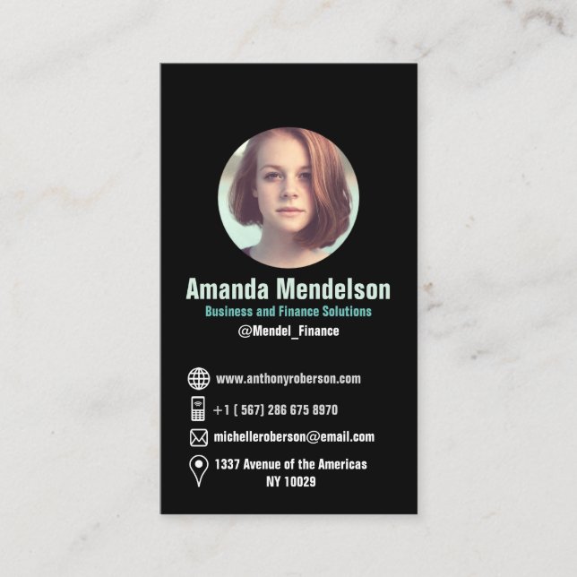 Tarjeta De Visita Iconos y foto sociales verticales negros modernos (Anverso)