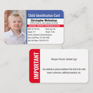 Tarjeta De Visita Identificación de emergencia para alergias Foto de