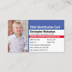 Tarjeta De Visita Identificación del niño Foto de emergencia alér