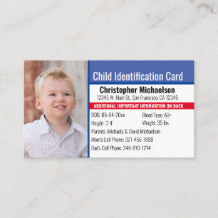 Tarjeta De Visita Identificación del niño Foto de emergencia alérgic